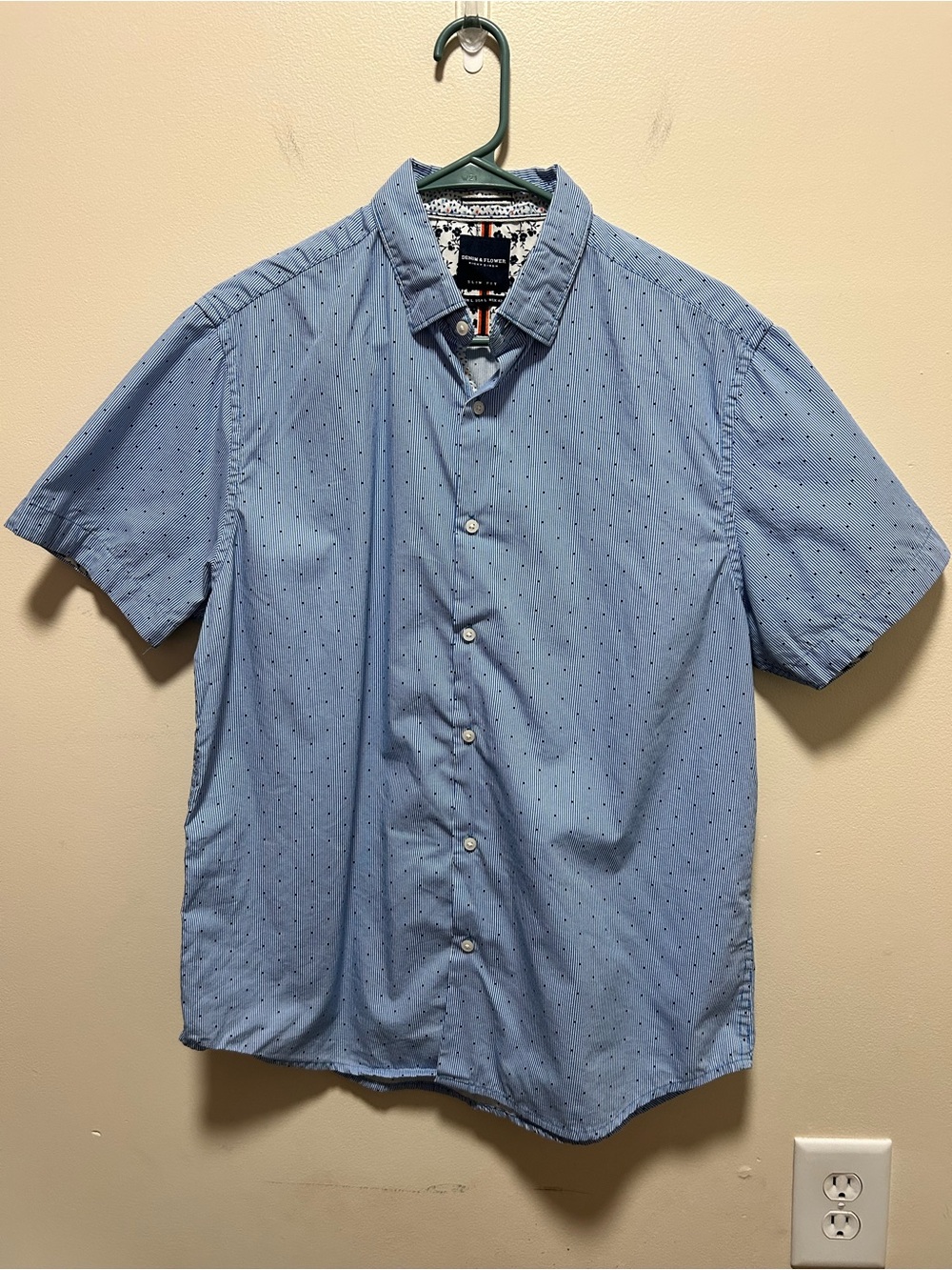 Denim And Flower Mens Slim Fit Blue & White Button Up Short Sleeve Dress Shirt L